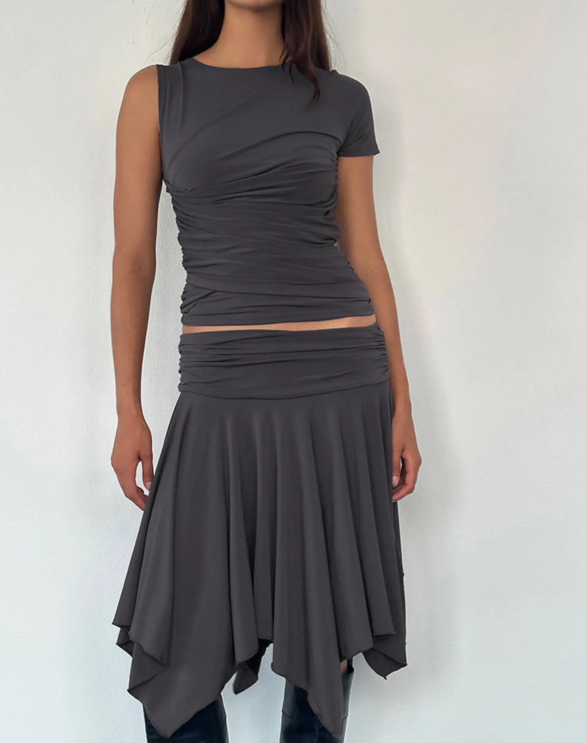 Motel Rocks Co-Ords | Going Out Tops-Zera Asymmetric Ruched Top in Grey