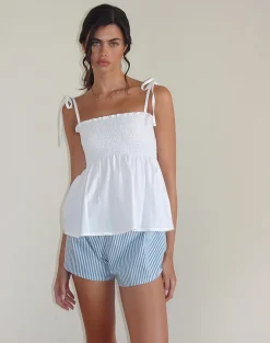 Motel Rocks Strappy Tops | Going Out Tops-Zerah Shirred Cami Top in Poplin White
