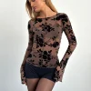 Motel Rocks Long Sleeve Tops-Zerlin Top in Floral Flock Brown FloralFlockBrown