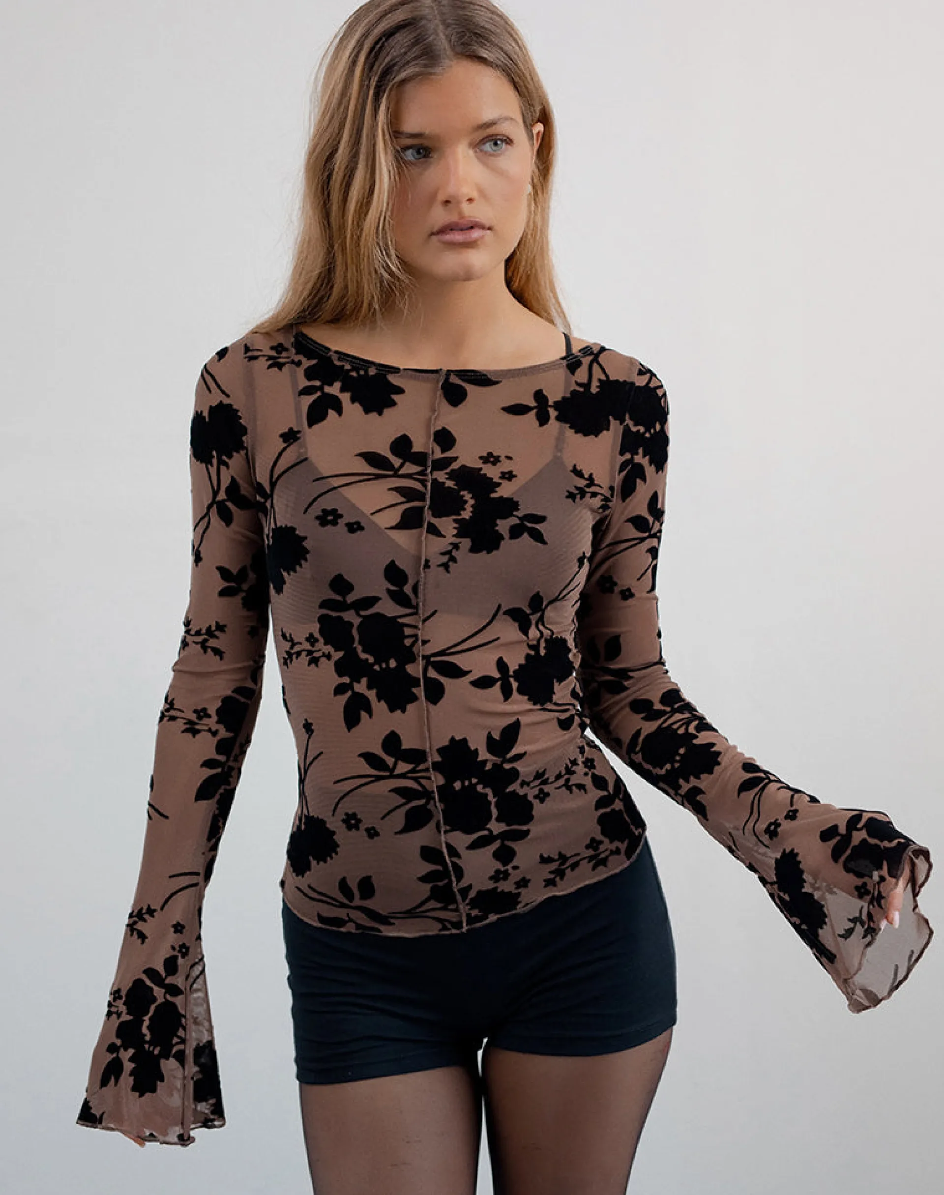 Motel Rocks Long Sleeve Tops-Zerlin Top in Floral Flock Brown FloralFlockBrown