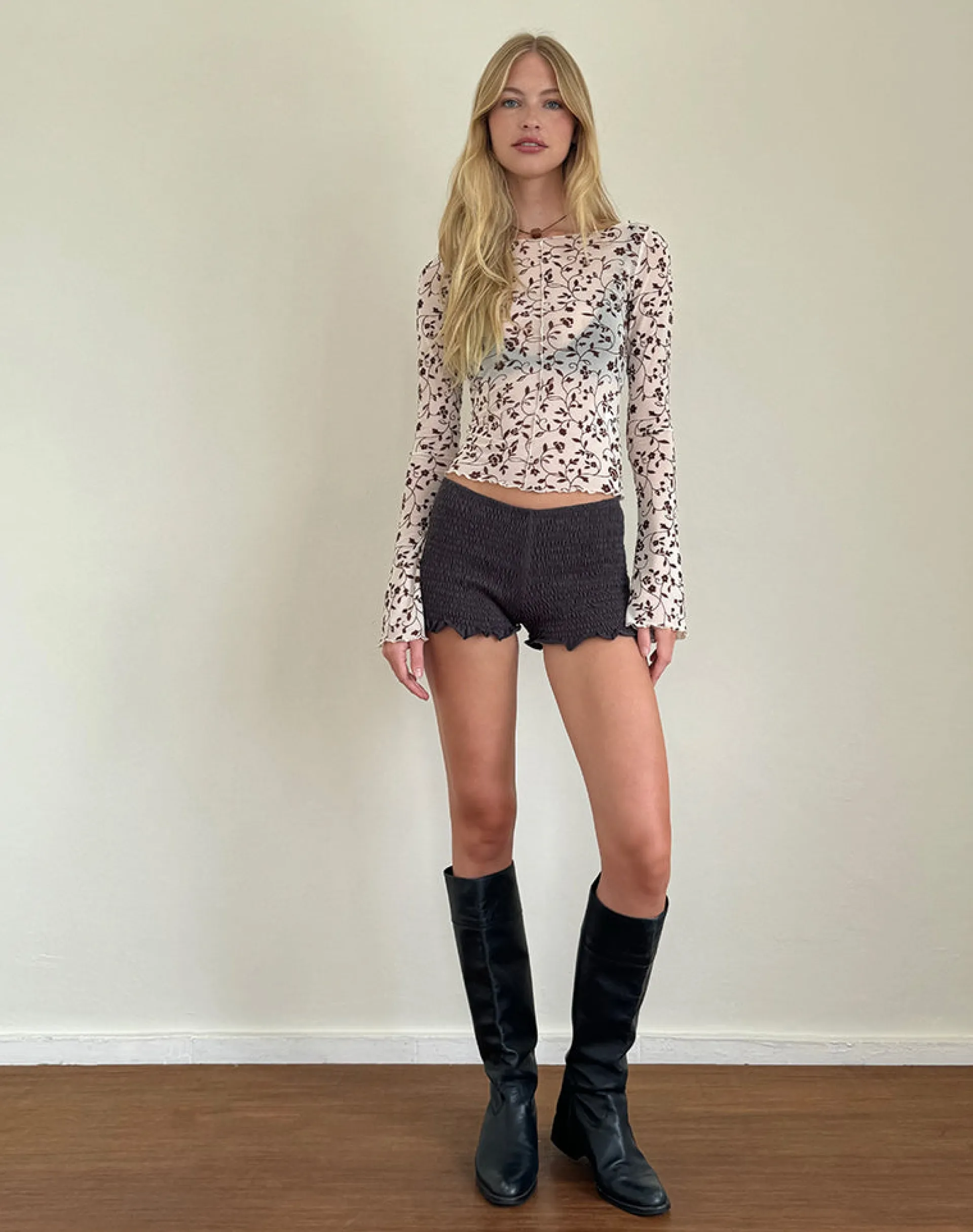 Motel Rocks Printed Tops | Going Out Tops-Zerlin Unlined Top in Brown Stem Flower Flock BrownStemFlowerFlock
