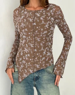 Motel Rocks Basic Tops | Printed Tops-Zest Mesh Long Sleeve Top in Botanist Flock Dark Taupe botanistflockdarktaupe