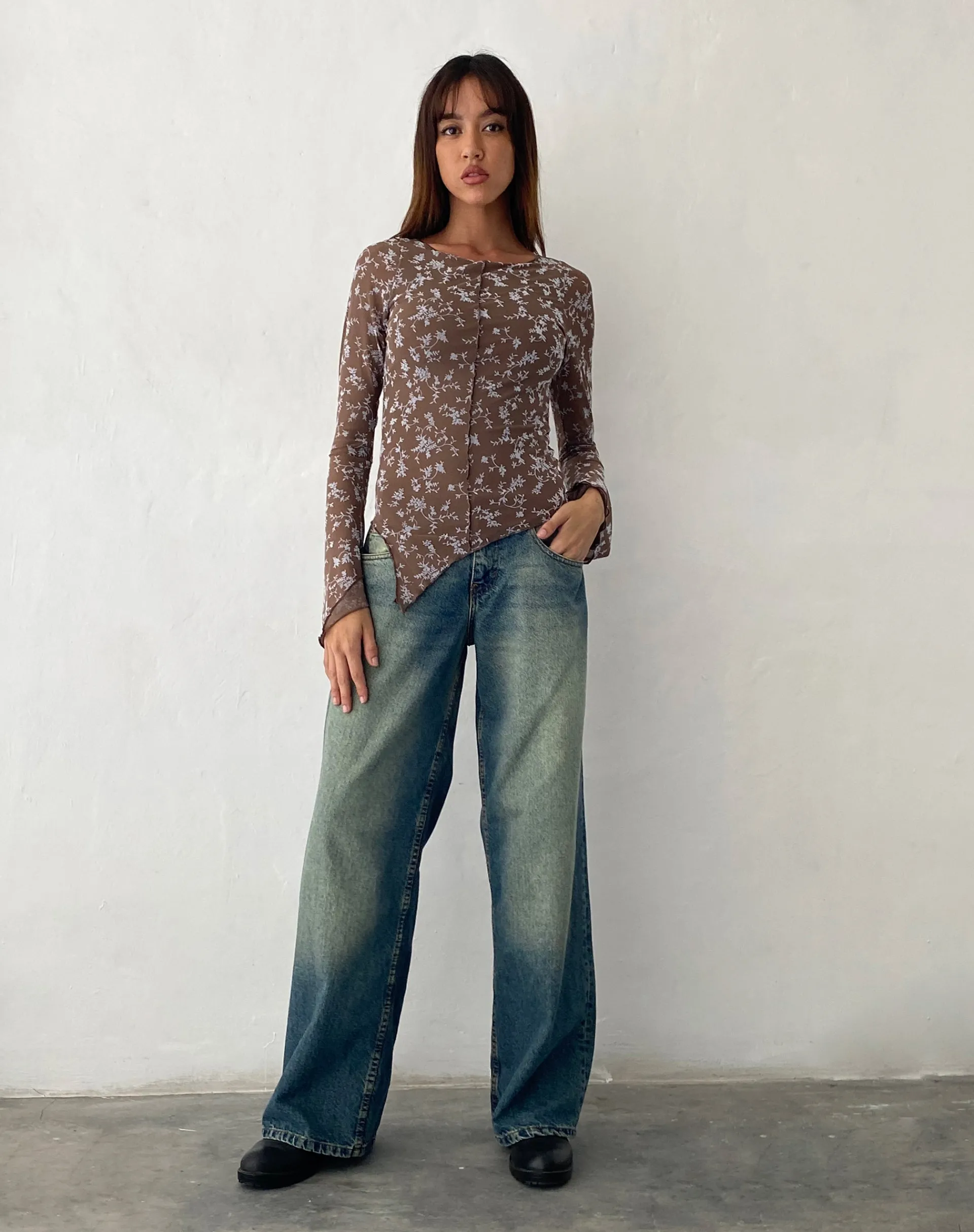 Motel Rocks Basic Tops | Printed Tops-Zest Mesh Long Sleeve Top in Botanist Flock Dark Taupe botanistflockdarktaupe