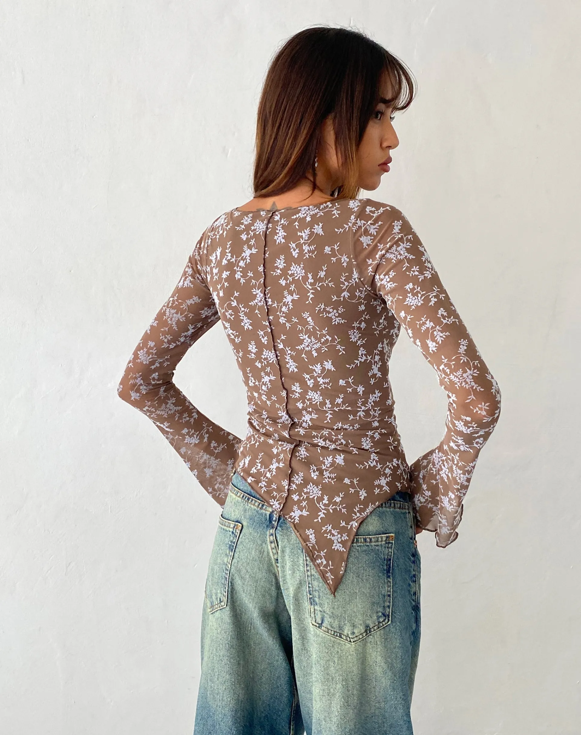 Motel Rocks Basic Tops | Printed Tops-Zest Mesh Long Sleeve Top in Botanist Flock Dark Taupe botanistflockdarktaupe