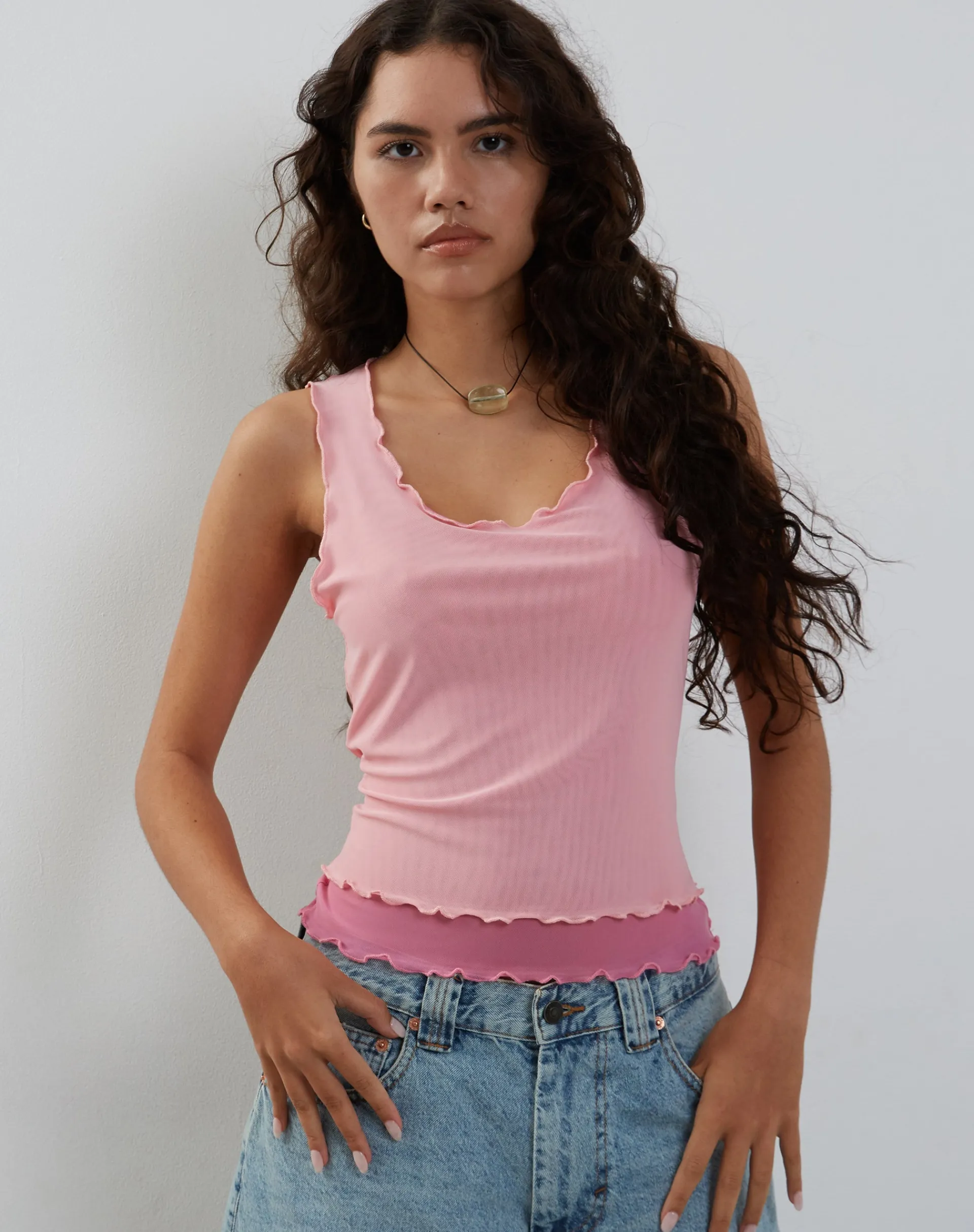 Motel Rocks Basic Tops | Vest Tops-Zeta Vest Top in with Dark Lining pink