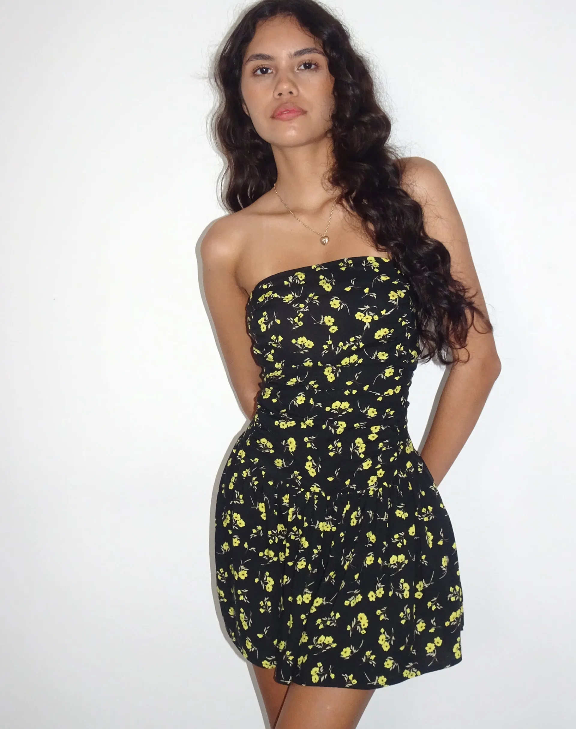 Motel Rocks Bandeau Dresses | Day Dresses-Zhao Bandeau Mini Dress in Buttercup Black and Yellow
