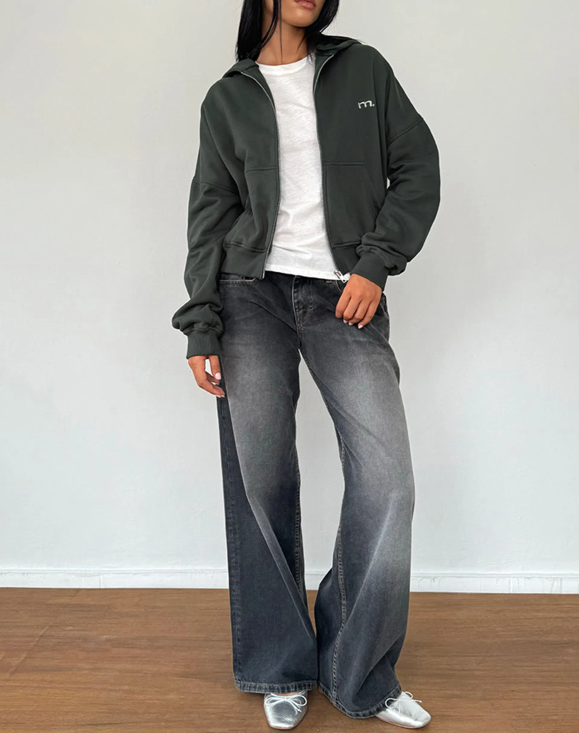 Motel Rocks Hoodies & Sweatshirts | Co-Ords-Zip Through Hoodie in Beluga with Light Grey M Embroidery BelugawithLightGreyMEmbroidery